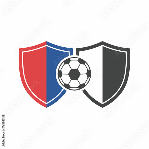 Two shields, one red and blue, the other black and white, with a soccer ball in the middle, symbolizing a sports match.