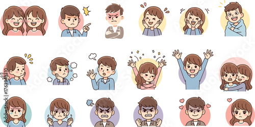 Cartoon Boy and Girl Facial Expressions Showing Emotions—Anger, Surprise, Joy, Confusion, Hugging, Sadness, Love, Frustration, Thinking, Mood
