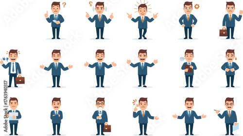 Cartoon Businessman Facial Expressions and Body Language Showing Emotions, Stress, Confusion, Success, Presentation, Thinking, Time, Money, Mood