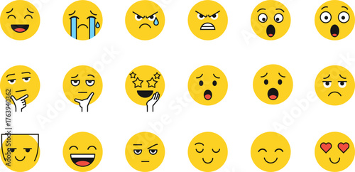 Yellow Emoji Faces Showing Diverse Emotions and Reactions—Happy, Sad, Angry, Confused, Love, Surprise, Crying, Laughing, Mood Icons