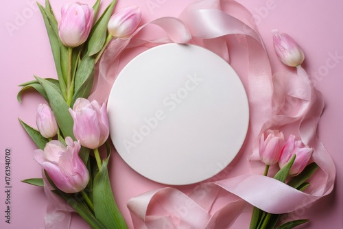 Fresh Pink Tulips and a White Card on a Pastel Background for a Special Occasion