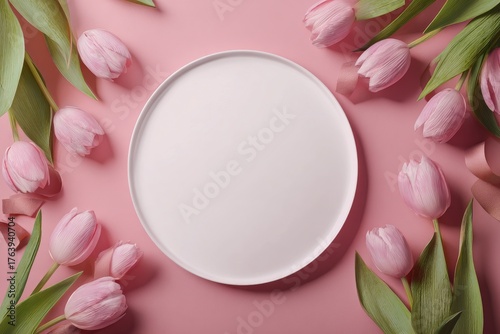 Fresh Pink Tulips and a White Card on a Pastel Background for a Special Occasion