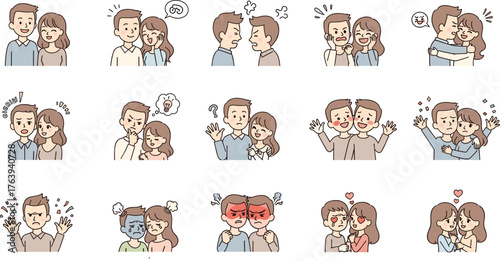 Cartoon Man and Woman Expressing Relationship Emotions—Love, Anger, Confusion, Hugging, Blushing, Arguing, Laughing, Sadness, Joy, Interaction, Mood