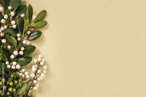 Branches of Green Leaves and White Berries Arranged on a Light Background