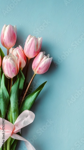 Pink Tulips Arranged Beautifully With Green Leaves and a Bow on a Light Blue ...