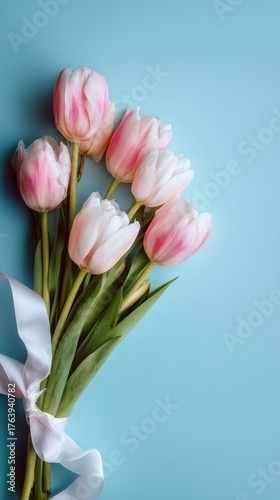 Bouquet of Pink and White Tulips Tied With a Ribbon on a Blue Background