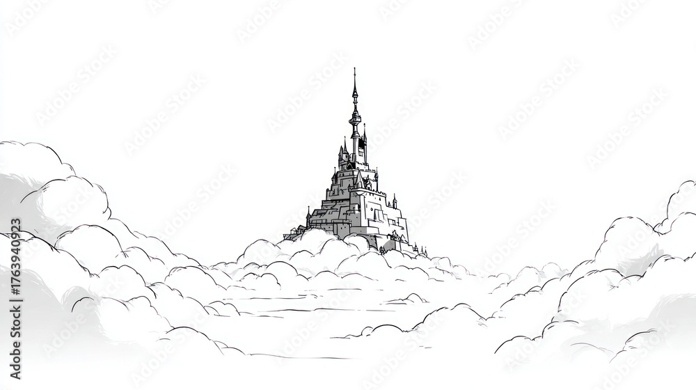 Naklejka premium Imposing castle structure rises from soft, ethereal clouds in an artistic sketch