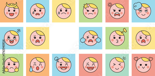 Cartoon Faces Showing Diverse Emotions in Colorful Grid—Happy, Sad, Angry, Surprised, Love, Confused, Crying, Laughing, Mood