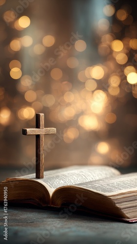 Wooden Cross Resting on an Open Bible With a Blurred Background of Warm Lights