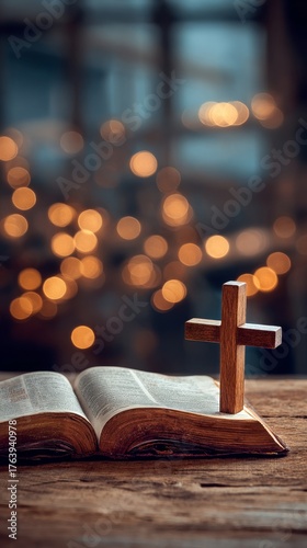 Wooden Cross Resting on an Open Bible With a Blurred Background of Warm Lights