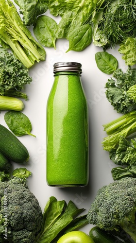 Fresh Green Juice Surrounded by Healthy Vegetables on a Bright Background