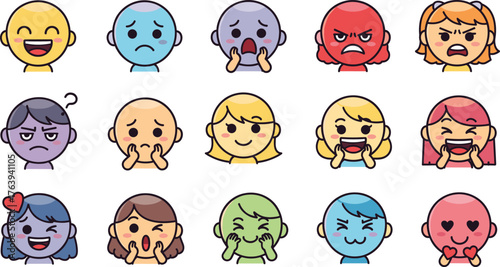 Cartoon Faces of Diverse Children Showing Emotions and Reactions—Happy, Sad, Angry, Confused, Love, Surprise, Crying, Laughing, Mood