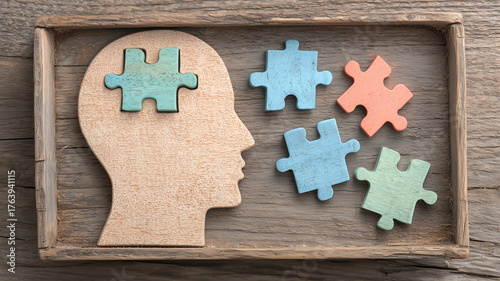 Wooden head with puzzle pieces communicating cognitive training learning therapy and the process of building memory and mental skills.
