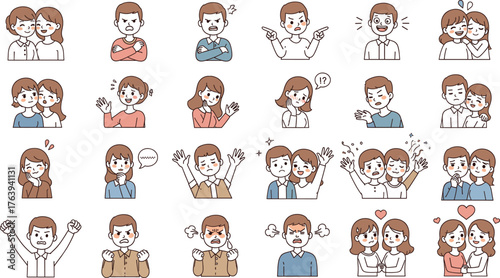 Cartoon Characters Expressing Emotions and Social Interactions—Happiness, Sadness, Anger, Confusion, Hugging, Comforting, Thinking, Crying, Cheering, Love