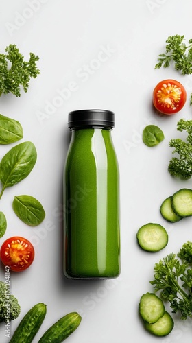 Fresh Green Juice Surrounded by Healthy Vegetables on a Bright Background