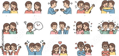 Cartoon People Expressing Emotions and Social Interactions—Happiness, Confusion, Anger, Sadness, Hugging, Whispering, Thinking, Celebration, Clapping, Mood