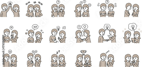 Cartoon People Interacting with Facial Expressions and Body Language—Teamwork, Emotion, Communication, Confusion, Celebration, Comfort, Surprise, Thinking, Mood