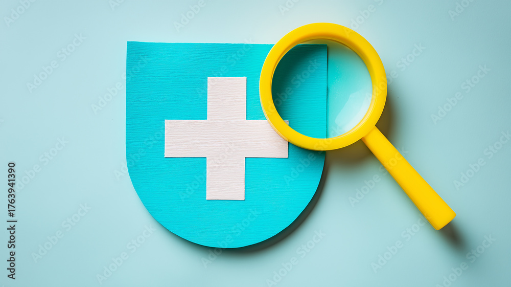 Fototapeta premium Magnifying glass inspecting a medical shield with a cross, representing healthcare audit patient safety and compliance assurance 