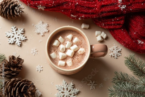 Warm Cozy Hot Chocolate With Marshmallows and Winter Decorations in a Festive...