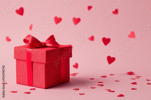 Decorative Red Gift Box With Hearts on a Pink Background for Special Occasions