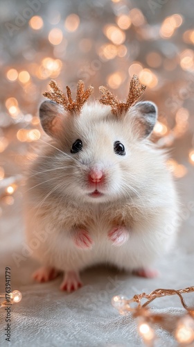 Cute Hamster With Antlers Surrounded by Festive Lights During the Holiday Season