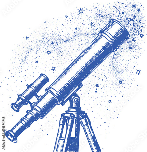 Vintage Telescope Pointing Towards Starry Night Sky With Constellations stars starry sky