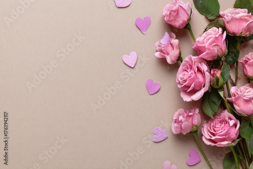 Beautiful Pink Roses With Decorative Hearts on a Light Background for Romanti...