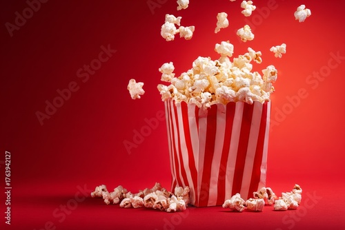 Popcorn Bursts From Striped Bucket Against Vibrant Red Backdrop During Movie ...