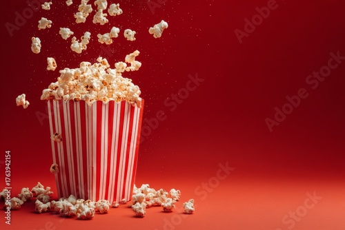 Popcorn Bursts From Striped Bucket Against Vibrant Red Backdrop During Movie ...