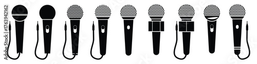 Microphone icon set. A detailed vector collection of microphones and headphones, featuring equipment ideal for podcasts and recording studios. vector illustration. eps 10