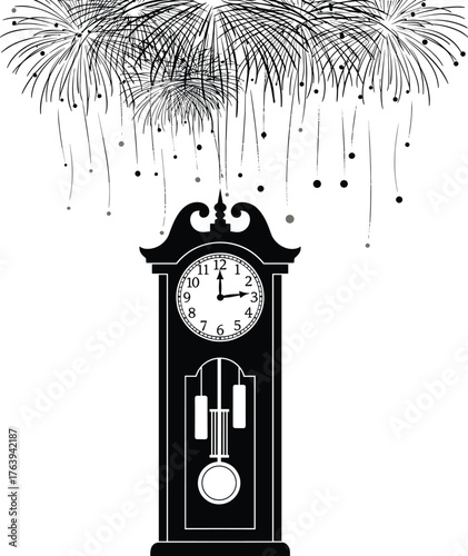 Grandfather clock striking midnight under a burst of festive fireworks