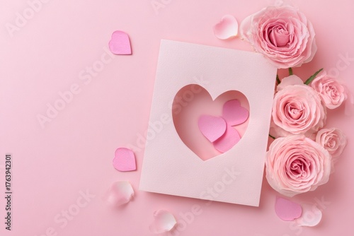 Pink Heart Card With Rose Petals and Fresh Flowers on Soft Background for Rom...