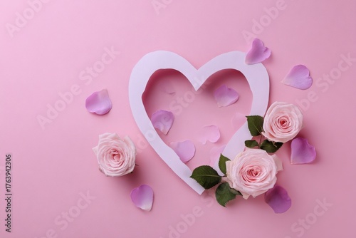 Pink Heart Card With Rose Petals and Fresh Flowers on Soft Background for Rom...