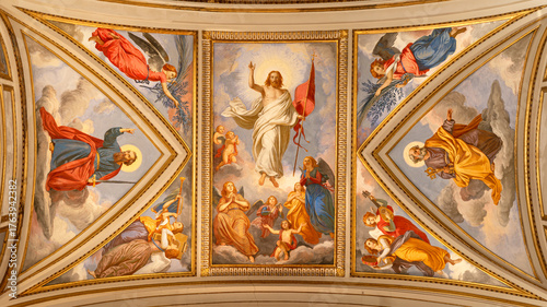 CAVA DE TIRRENI, ITALY - OCTOBER 7, 2025: The ceiling fresco of Resurrected Jesus with the apostles St. Peter and Paul in the church Abbazia Santissima Trinita by Vincenzo Morani (cca 1860).