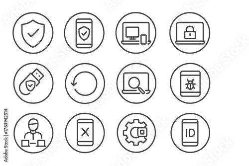 Endpoint Protection Icons. Line style round icons of endpoint protection: antivirus app, mobile shield, device security, laptop