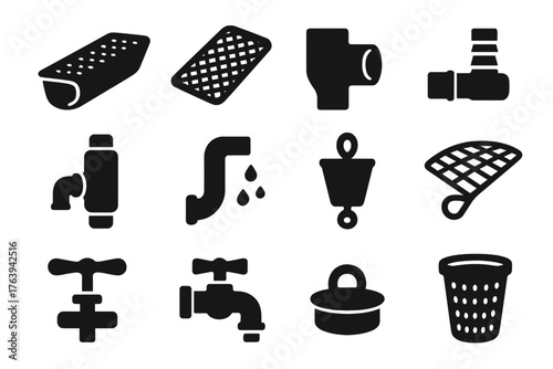 Rainwater Accessory Icons. Solid style icons of Rainwater Accessories: gutter filter, mesh screen, water diverter, hose connector,