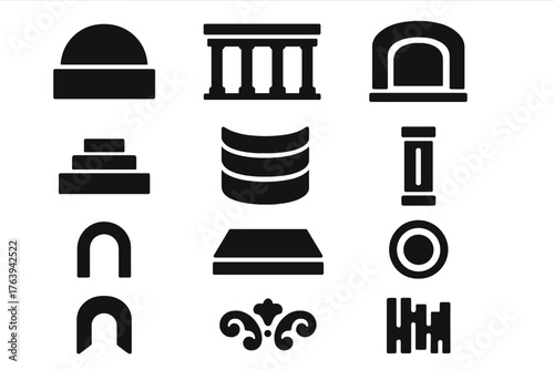 Theater Architecture Icons. Solid style icons of Theater Architecture: domed shell, colonnade row, proscenium arch, stepped bench,