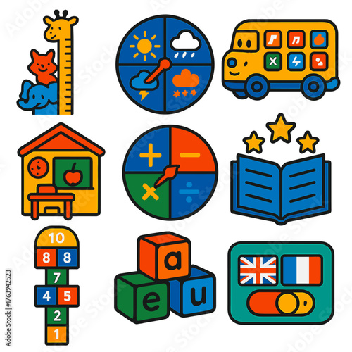 Educational Kids Icons. Flat vector icons of kids learning and educational games: height measurement chart with animals, weather