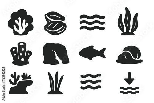 Ocean Floor Icons. Solid style icons of Ocean Floor Habitat: coral head, oyster bed, sand ripple, algae patch, sea sponge, rocky