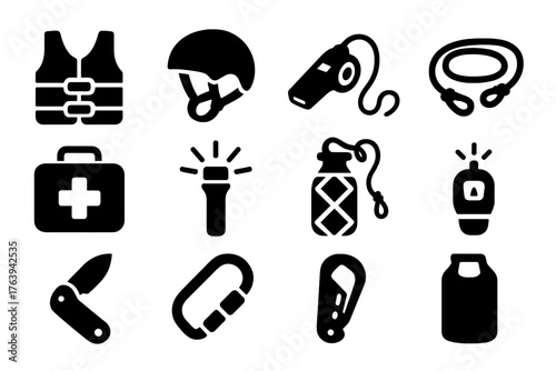 Kayak Safety Gear Icons. Solid style icons of Kayak Safety Gear: PFD vest, helmet, whistle, tow line, first aid kit, flare, rescue