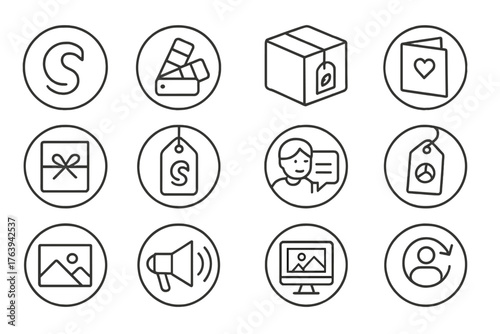 E-commerce Brand Icons. Line style round icons of brand identity in e-commerce: logo icon, brand palette, packaging design, thank