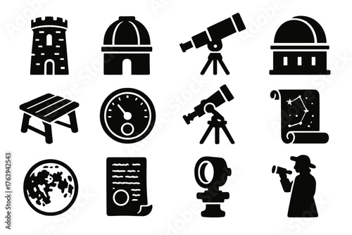 Historic Observatory Icons. Solid style icons of Historic observatories: stone tower, classic dome, brass telescope, old
