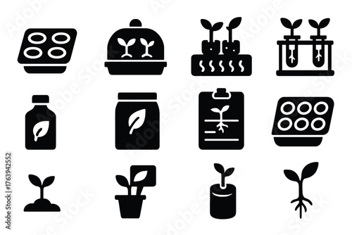 Seed Starting Essentials. Solid style icons of Propagation and seed starting: seed tray, germination dome, heat mat, propagation