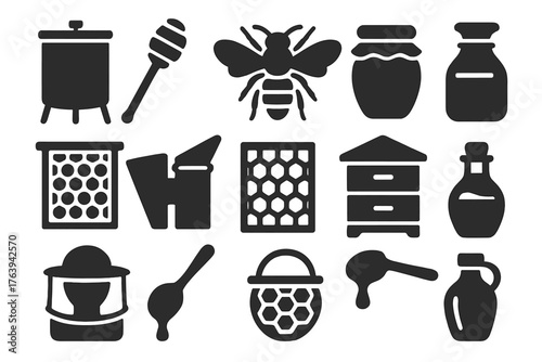 Honey Production Icons. Solid style icons of Honey Production: honey extractor, wooden honey dipper, worker bee, sealed honey jar,