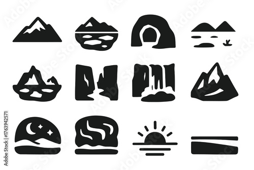 Arctic Icons Collection. Solid style icons of Arctic Landscapes: snowy mountains, frozen fjord, glacial cave, tundra plain,