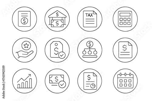 Payroll Icon Set. Line style round icons of payroll and compensation: payslip icon, direct deposit, tax form, salary calculator;