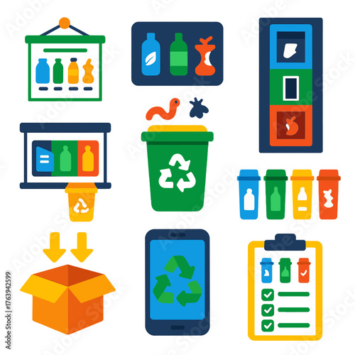 Recycling Icons Set. Flat vector icons of waste sorting and recycling systems: school recycling chart, workplace sorting reminder,