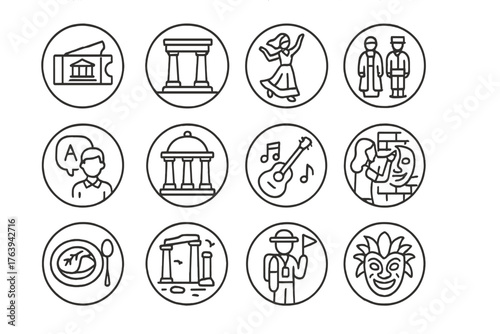 Cultural Tourism Icons. Line style round icons of cultural tourism: museum ticket, historical monument, cultural dance, local