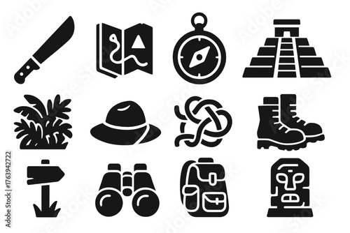 Jungle Expedition Icons. olid style icons of Jungle Expedition: machete blade, folded map, magnetic compass, ancient ruins, dense