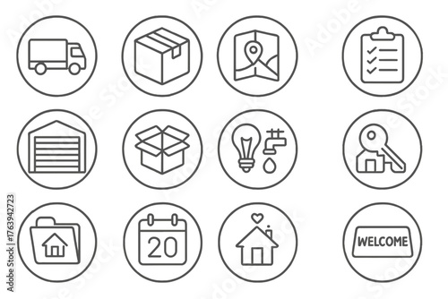 Moving Icons Collection. Line style round icons of moving and relocation: moving truck, packed box, change of address, moving